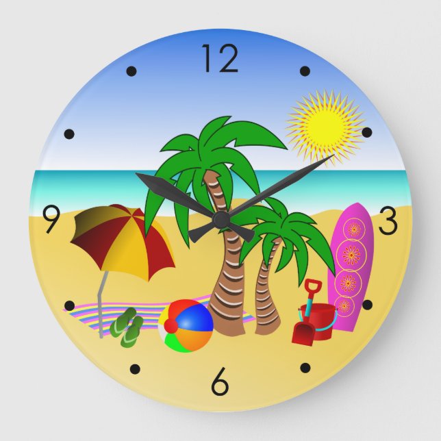Beach Sun Sea Surf Blau Mittelgroße Maueruhren Große Wanduhr (Vorderseite)