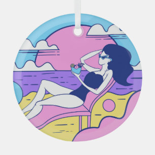 Beach Sunbathing Girl Cocktail Illustration. Ornament Aus Glas