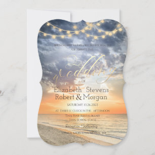Beach Sunrise String Lights Gold Wedding Einladung