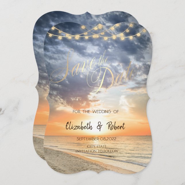 Beach Sunrise String Lights Save the Date (Vorne/Hinten)
