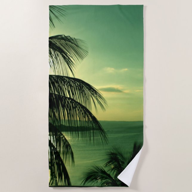 Beach Sunset Green Blue Sky Sea Black Palm Strandtuch (Vorderseite)