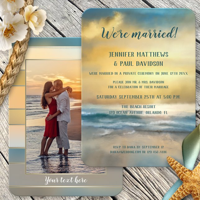 Beach Sunset Hochzeitsempfang Foto Einladung (Wedding reception only, post or after wedding invitation featuring a painting of a beach at sunset)