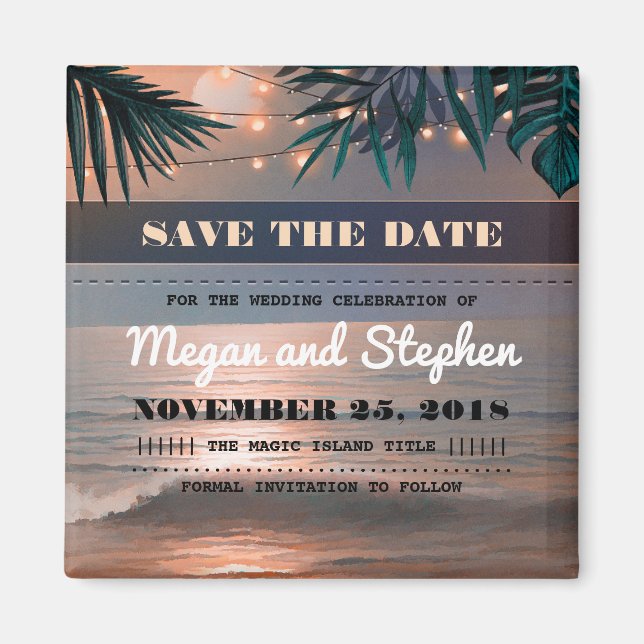 Beach Sunset Palm String Lights Save the Date Magnet (Vorne)