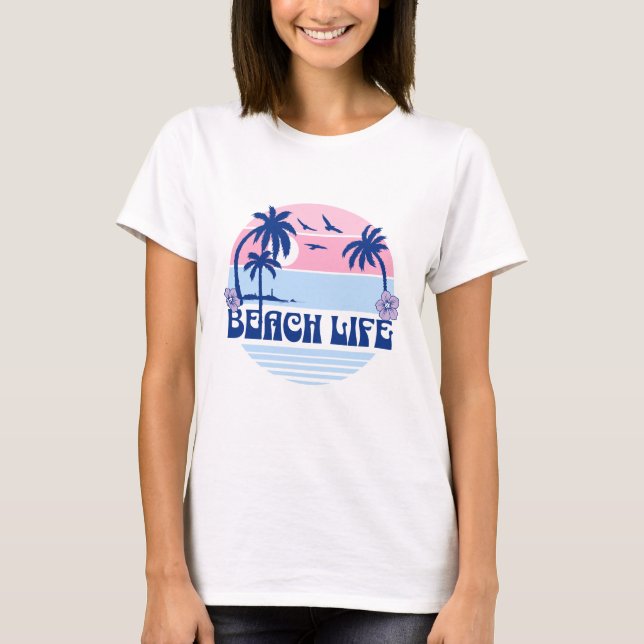 Beach Sunset Pastellblau Pink T-Shirt (Vorderseite)