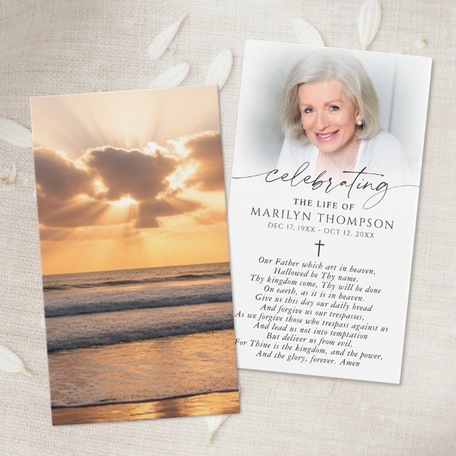Beach Sunset Photo Cross Funeral Prayer Card (Von Creator hochgeladen)