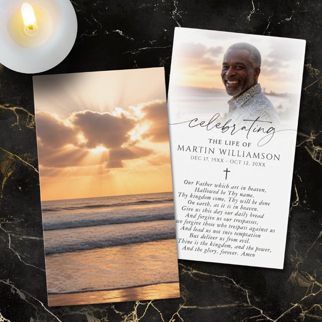 Beach Sunset Photo Cross Sympathy Prayer Card (Von Creator hochgeladen)