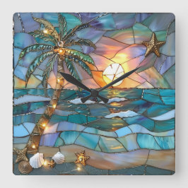 Beach Sunset Stained Glass Wall Clock Quadratische Wanduhr