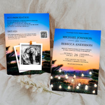 Beach Sunset String Lights Foto QR Code Wedding