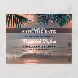 Beach Sunset String Lights Palms Save the Date Ankündigungspostkarte