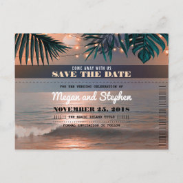 Beach Sunset String Lights Palms Save the Date Ankündigungspostkarte