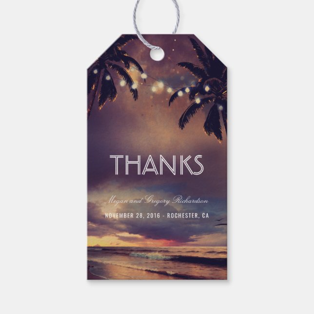 Beach Sunset String Lights Palms Wedding Geschenkanhänger (Vorderseite)
