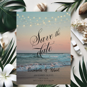 Beach Sunset, String Lights Script Save the Date