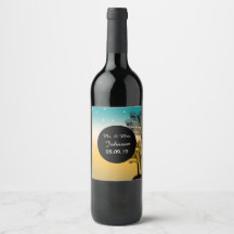 Beach Sunset Tropical Palm Tree Wedding Wine Label