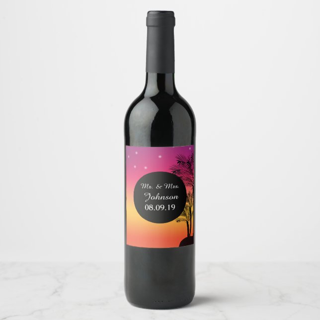 Beach Sunset Tropical Palm Tree Wedding Wine Label Weinetikett (Vorderseite)