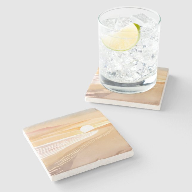 Beach Sunset Watercolor | Beautiful Yellow  Steinuntersetzer (Seitenansicht)