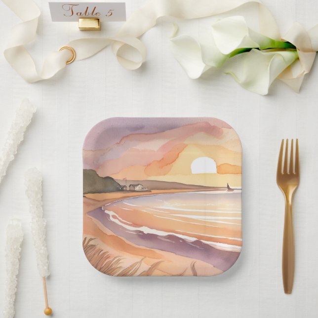 Beach Sunset Watercolor | Schöne Ozeanmalerei Pappteller (Hochzeit)