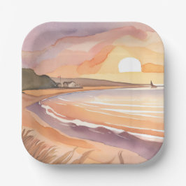 Beach Sunset Watercolor | Schöne Ozeanmalerei Pappteller