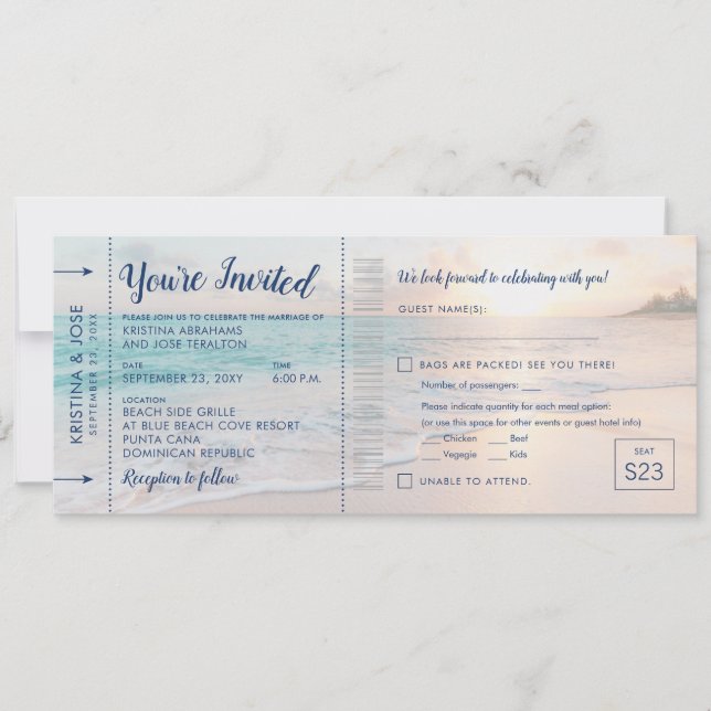 Beach Sunset Wedding Boarding Pass + UAWG Einladung (Vorderseite)