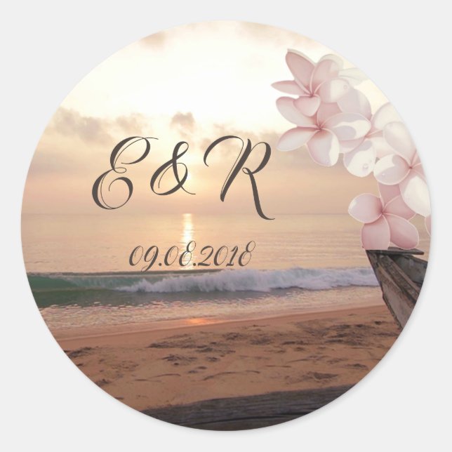 Beach Sunset Wedding Plumeria Runder Aufkleber (Vorderseite)