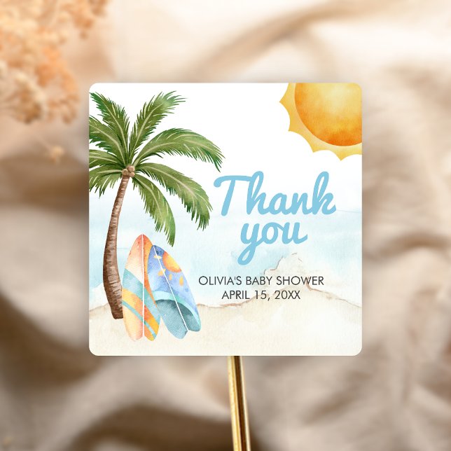 Beach Surf Baby on Board Baby Shower Quadratischer Aufkleber (Baby on Board Baby Shower Sticker)