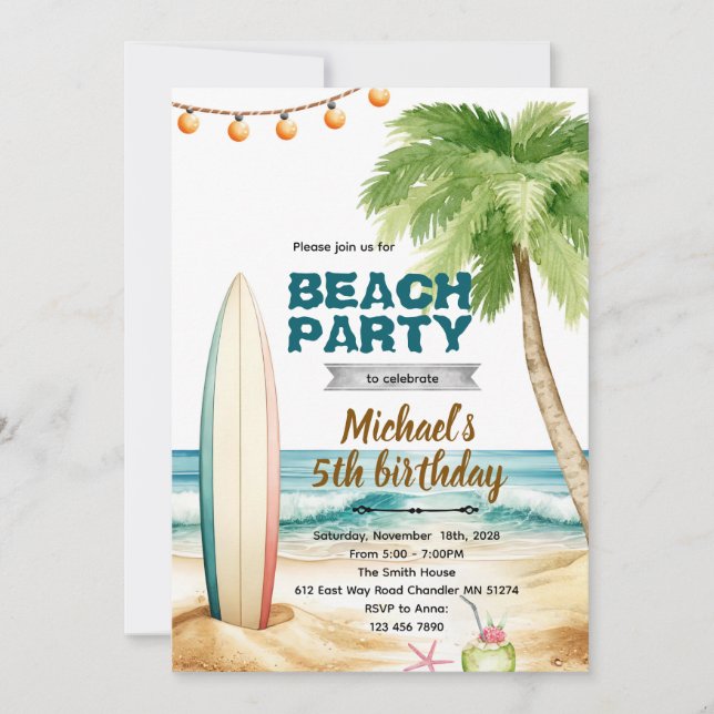 Beach surf theme invitation einladung (Vorderseite)