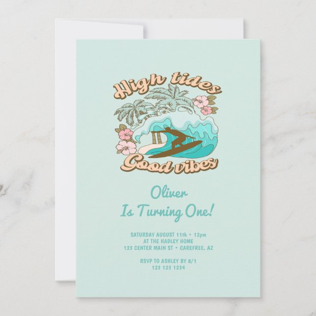 Beach Surfboard Good Vibes Boy's 1. Geburtstag Einladung (Vorderseite)