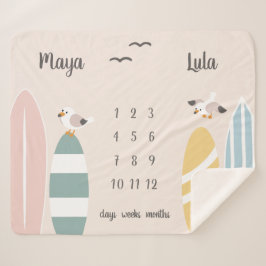 Beach Surfer Twins Milestone Baby Sherpa Blanket Sherpadecke