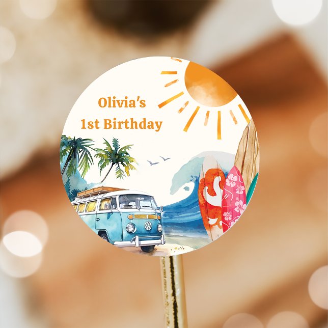 Beach Surfing Geburtstagsparty Runder Aufkleber (Von Creator hochgeladen)
