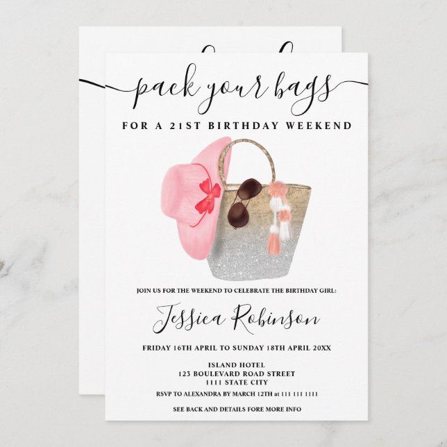 Beach-Tasche Geburtstag Silber Glitzer Wochenende Einladung (Vorne/Hinten)