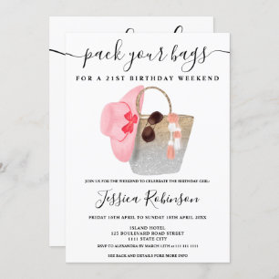 Beach-Tasche Geburtstag Silber Glitzer Wochenende Einladung