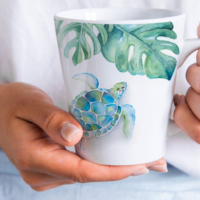 Beach Tasse Türkis Blue Watercolor Sea Turtle (latte mugs sea turtle beach coffee mug art by Victoria Grigaliunas)