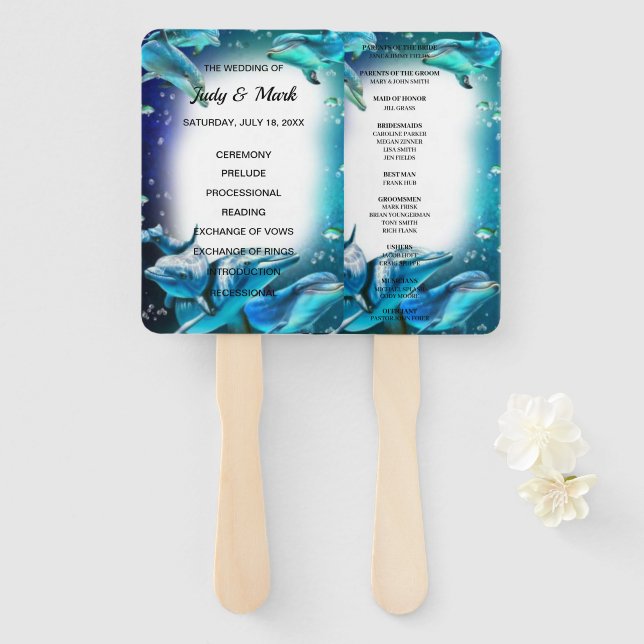 Beach Theme Dolphin Wedding Programm Fans Fächer (Vorne und Hinten)