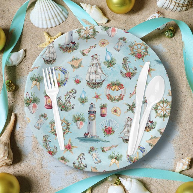 Beach Theme Nautical Christmas Coastal Pappteller (Von Creator hochgeladen)