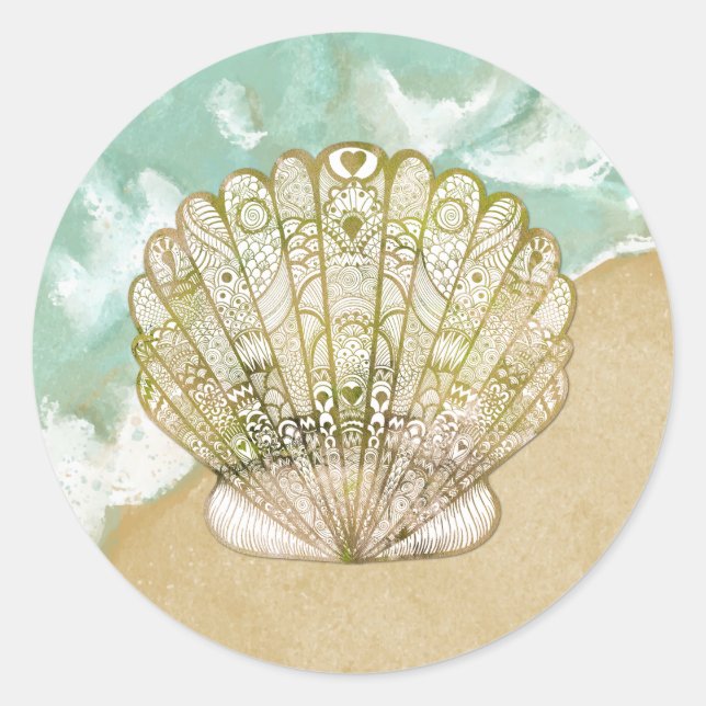 Beach Theme Scallop Muschel Hochzeitsticker Runder Aufkleber (Vorderseite)