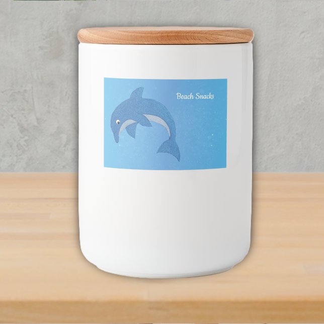 Beach Theme Sparkle Blue Dolphin Jumping Position Lebensmitteletikett (Glittery cute blue white jumping dolphin on pretty blue food container label.)