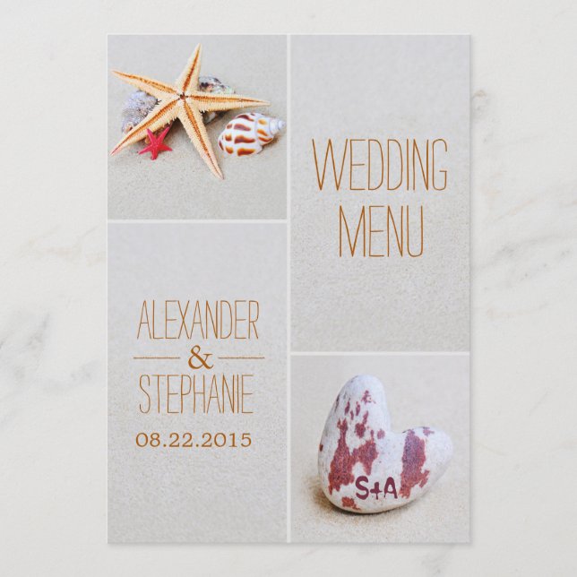 Beach Theme Starfish and Heart Wedding Menu Card Menükarte (Vorderseite)