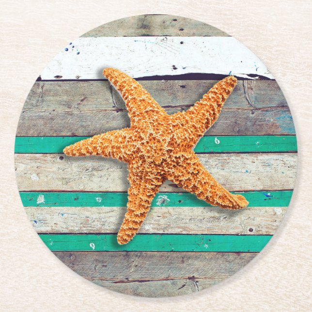 Beach Theme Starfish Wedding rustikal Runder Pappuntersetzer (Vorderseite)