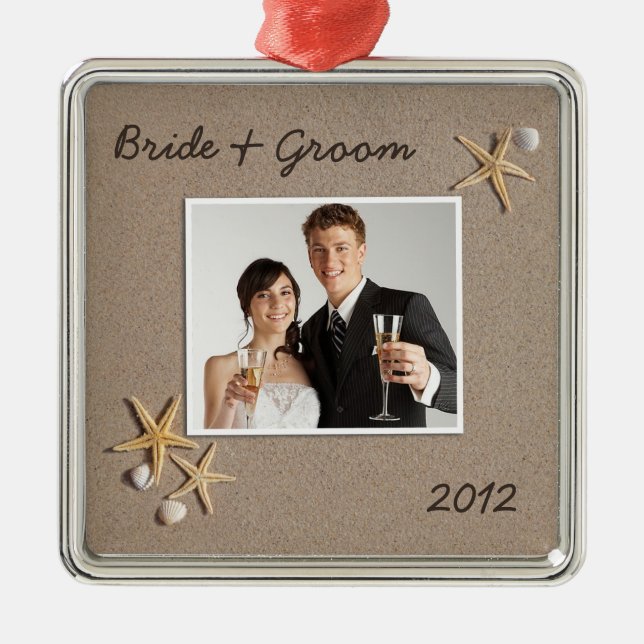 Beach Theme Wedding Foto Ornament Aus Metall (Vorne)