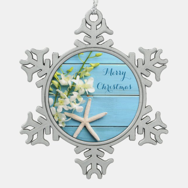 Beach Themed Weihnachtsschmuck Pewter Starfish Schneeflocken Zinn-Ornament (Vorderseite)