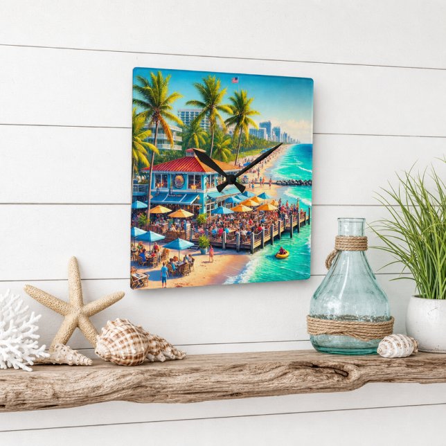Beach Time Beach Café Wall Clock Quadratische Wanduhr (Von Creator hochgeladen)