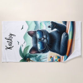 Beach Time Cool Black Cat Personalisiert Strandtuch