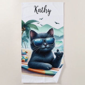 Beach Time Cool Black Cat Personalisiert Strandtuch