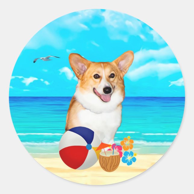 Beach Time Corgi Runder Aufkleber (Vorderseite)