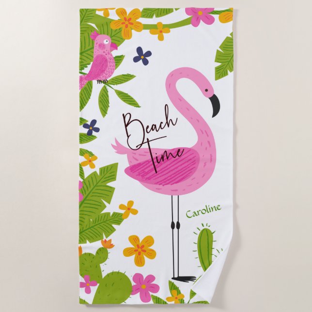 Beach Time Pink Flamingo und Parrot Strandtuch (Vorderseite)