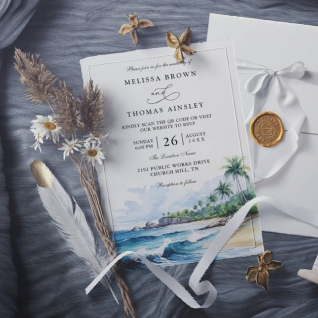 Beach Tropical Elegant Modern QR Code Wedding Einladung (Von Creator hochgeladen)