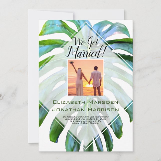 Beach Tropical Hawaii Leaf Just Married Elegant Einladung (Vorderseite)