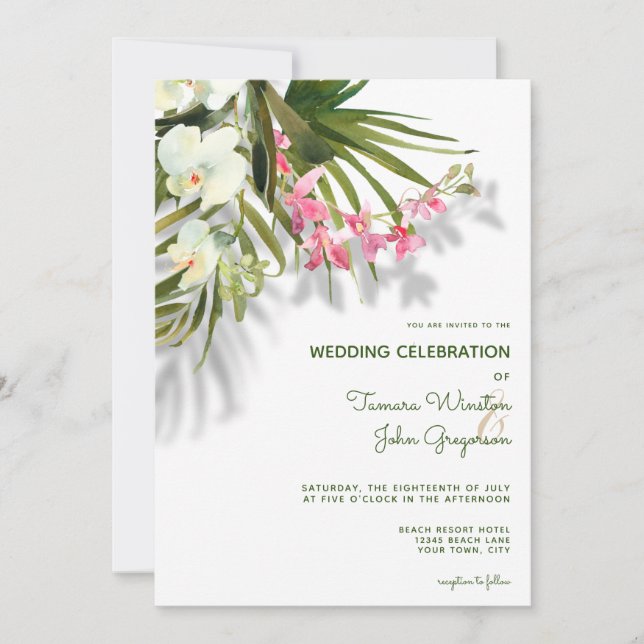 Beach Tropical Hawaii Pink Floral w Shadow Wedding Einladung (Vorderseite)