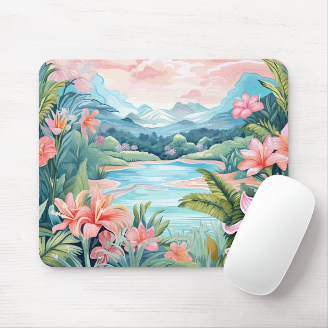 Beach Tropical Island Jungle Mountains Floral Mousepad (Mit Mouse)