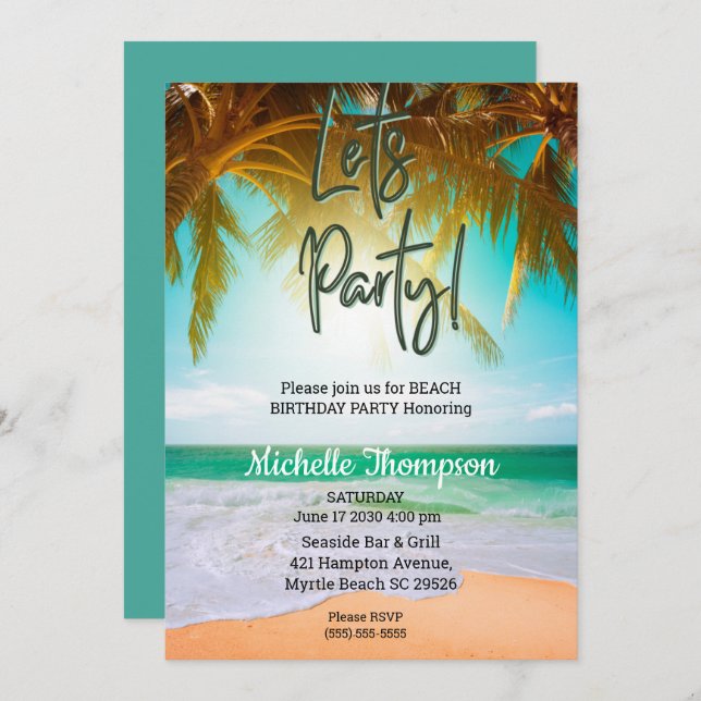 Beach Tropical Scene Party Geburtstagsfeier Einladung (Vorne/Hinten)