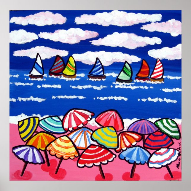 Beach Umbrells Sailboats Spaß Kunst Poster (Vorne)
